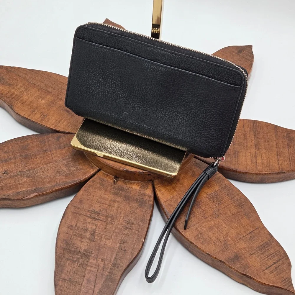 AllSaints Zip Around Pebbled Leather Wristlet Wallet Black 8